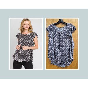 Jade By Jane Womens Navy & White Boho Floral Ruffle Sleeve Blouse Size small